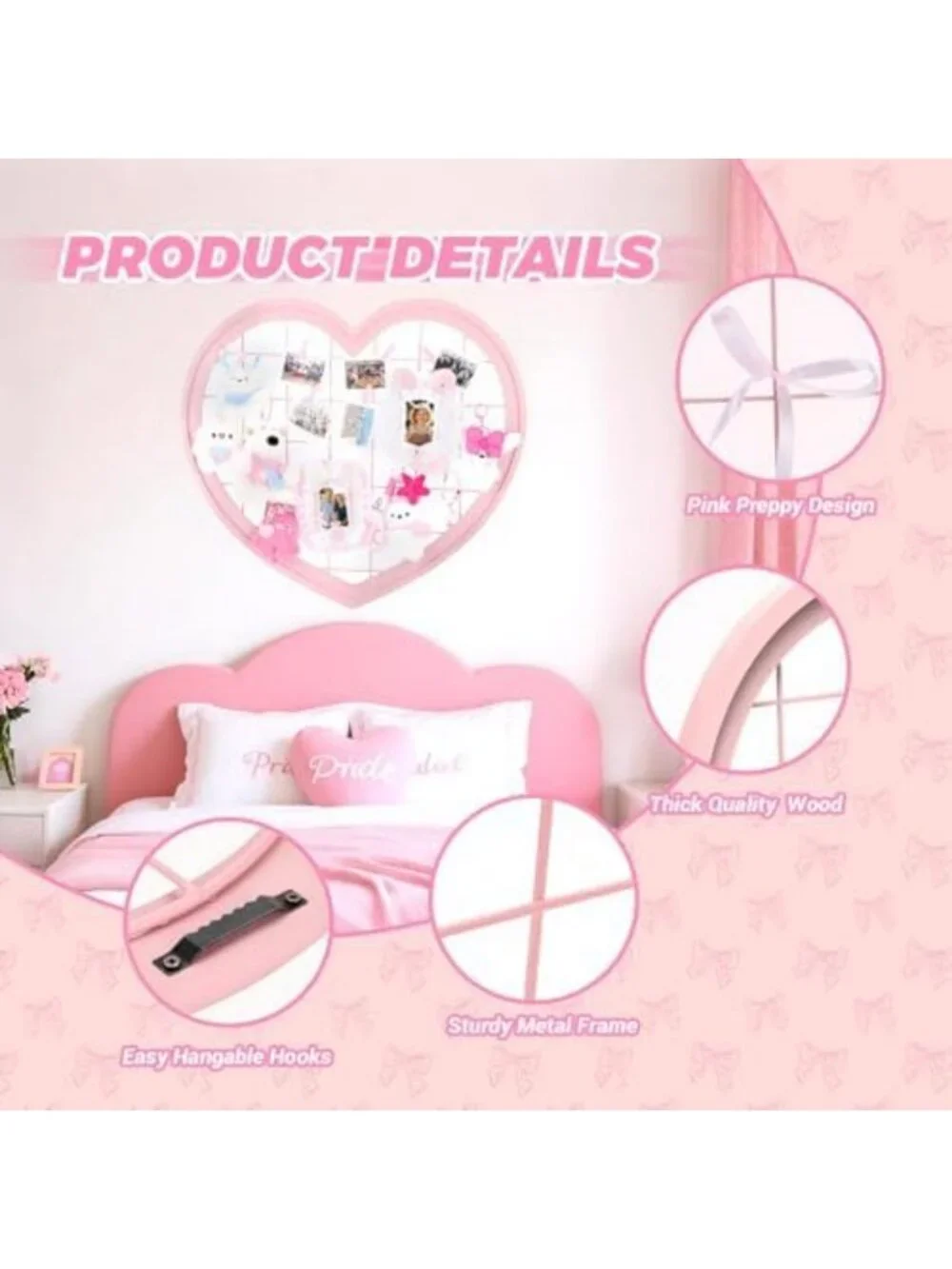 Pink Heart-Shaped Wire Wall Grid Panel for Photo Display & Room Decor